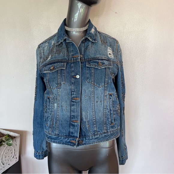 ZARA | Blue beaded distressed dressy spring summer denim rare jean jacket coat - Picture 14 of 16